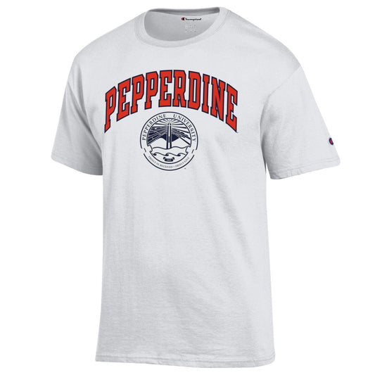 Pepperdine University arch & seal Champion T-Shirt-White-Shop College Wear