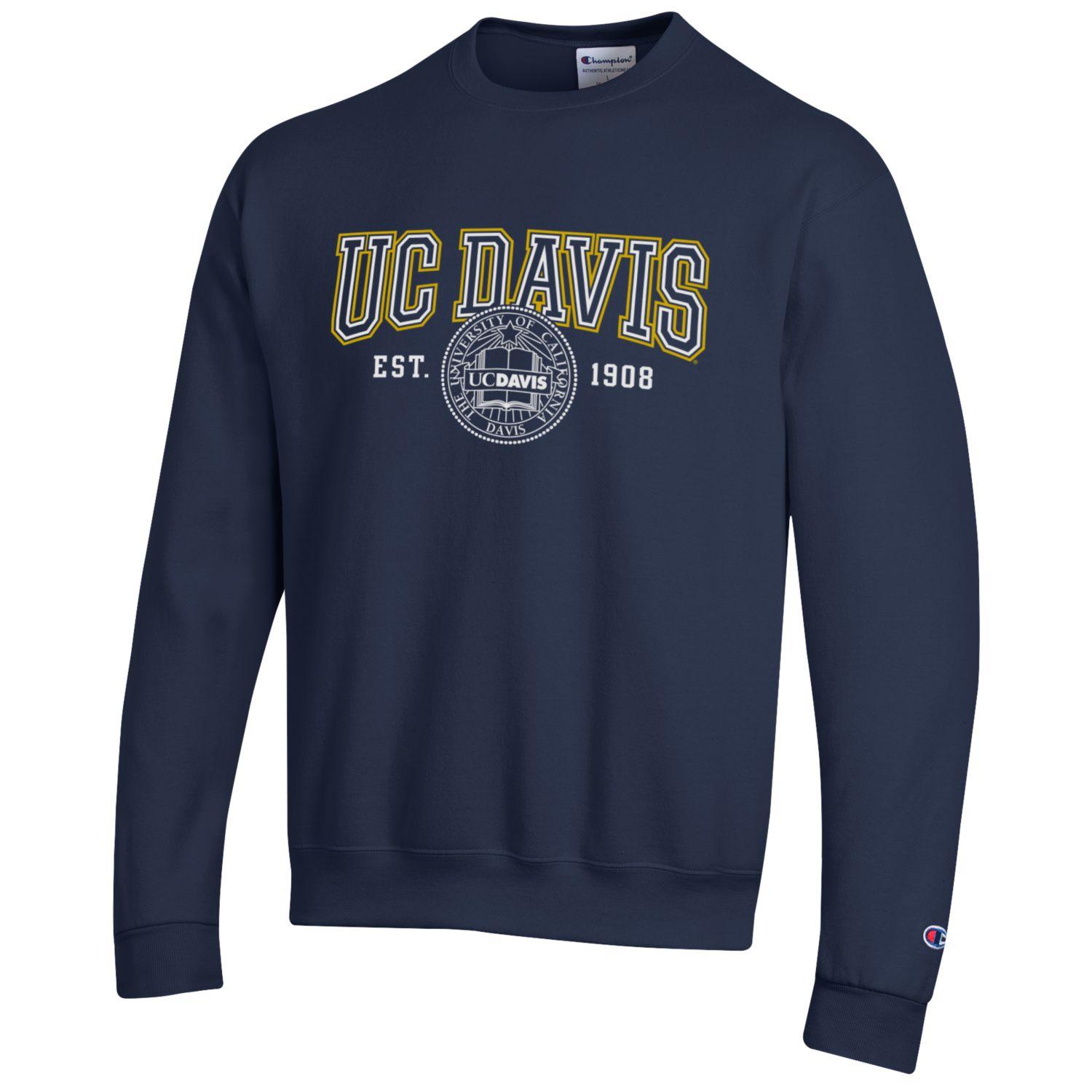 U.C. Davis Champion Crew-Neck Sweatshirt arch & seal-Navy-Shop College Wear