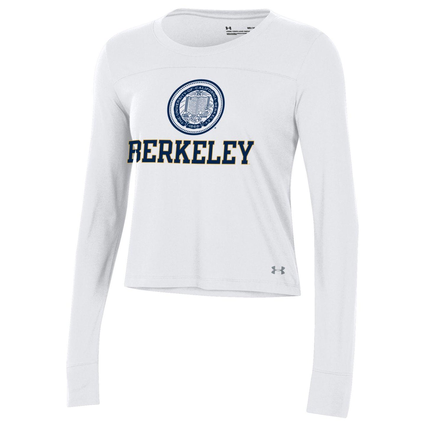 U.C. Berkeley arch & seal Under Armour women's performance cotton long sleeve T-Shirt-White-Shop College Wear